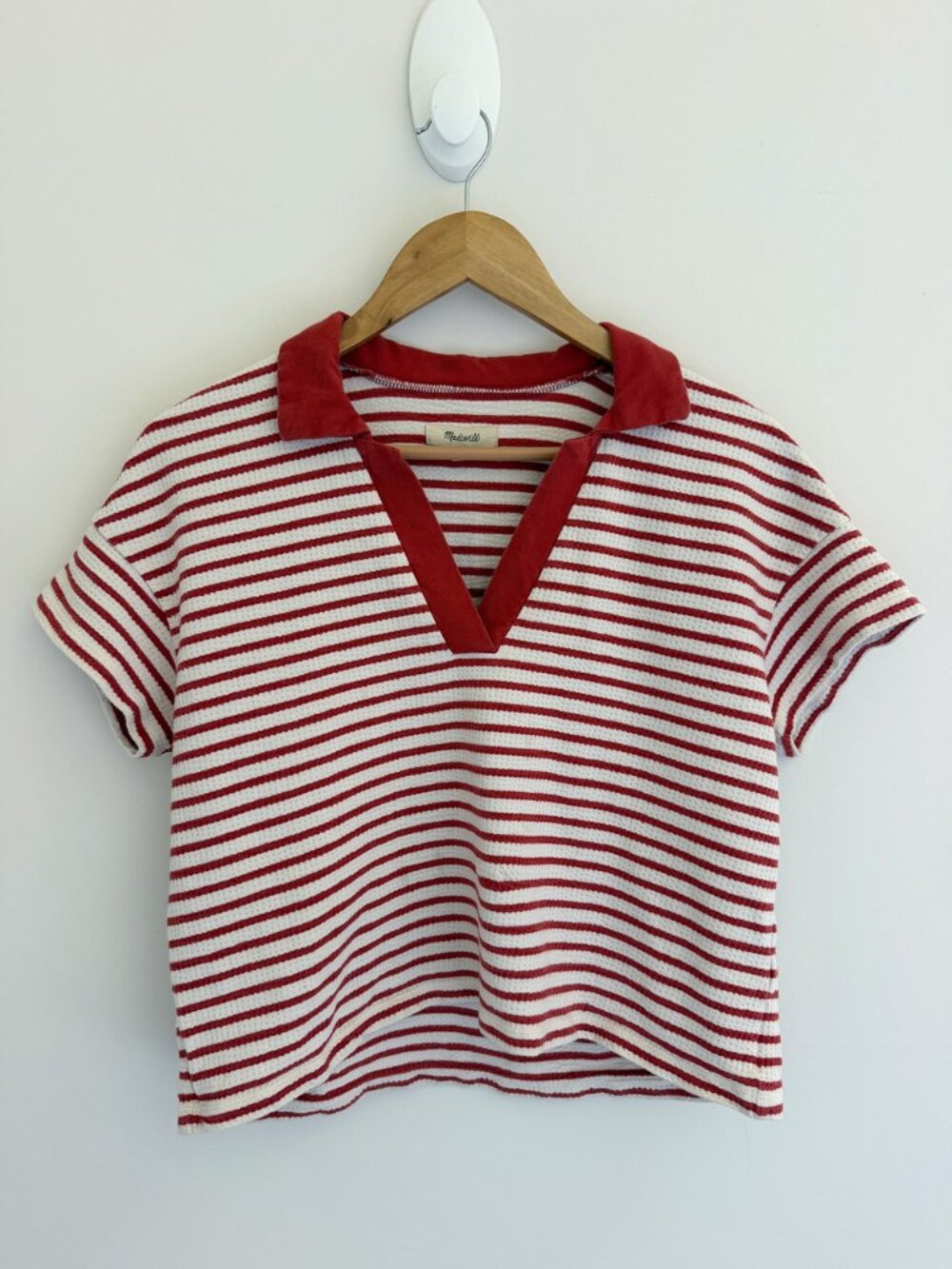 Madewell Texture Rib Cropped Polo Tee Red White Stripe Short Sleeve Size S
